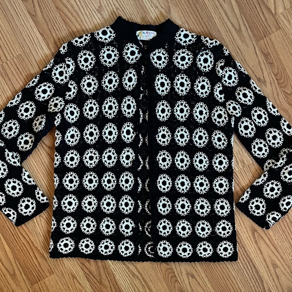 Mod Vintage Handmade Crochet Cardigan Sweater, Black and White - Picture 2 of 7
